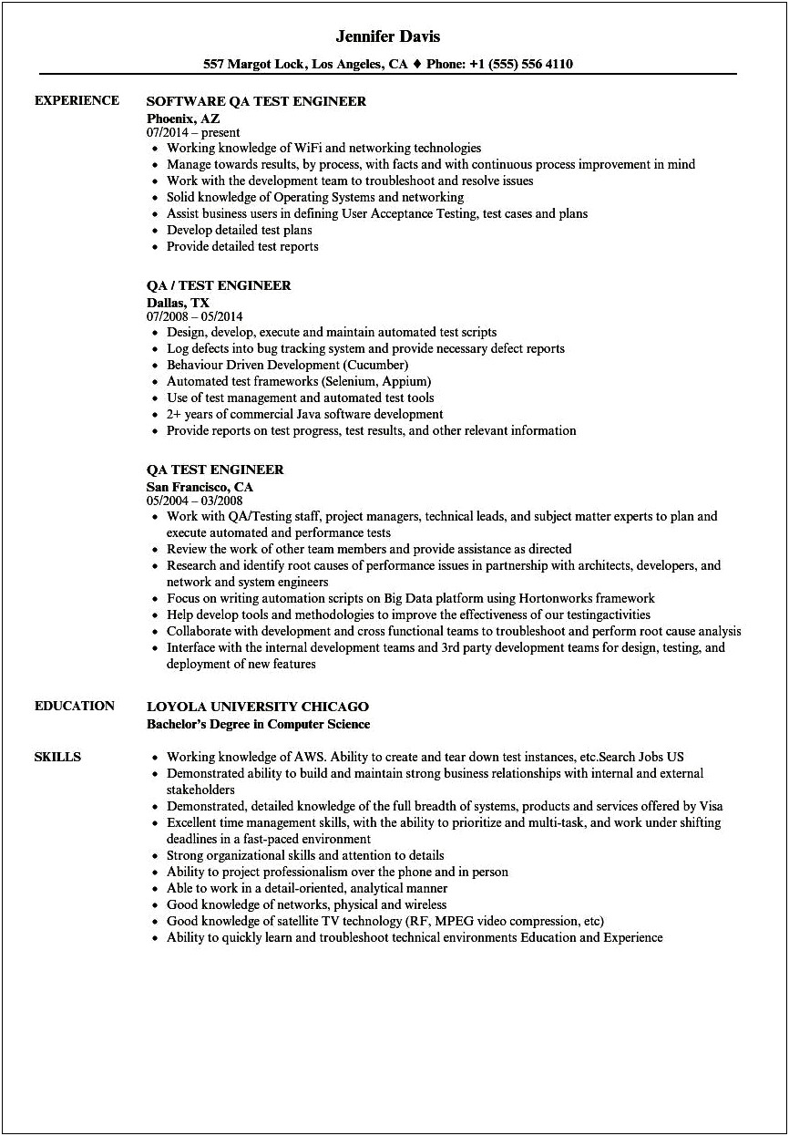 Manual Qa Tester Sample Resume