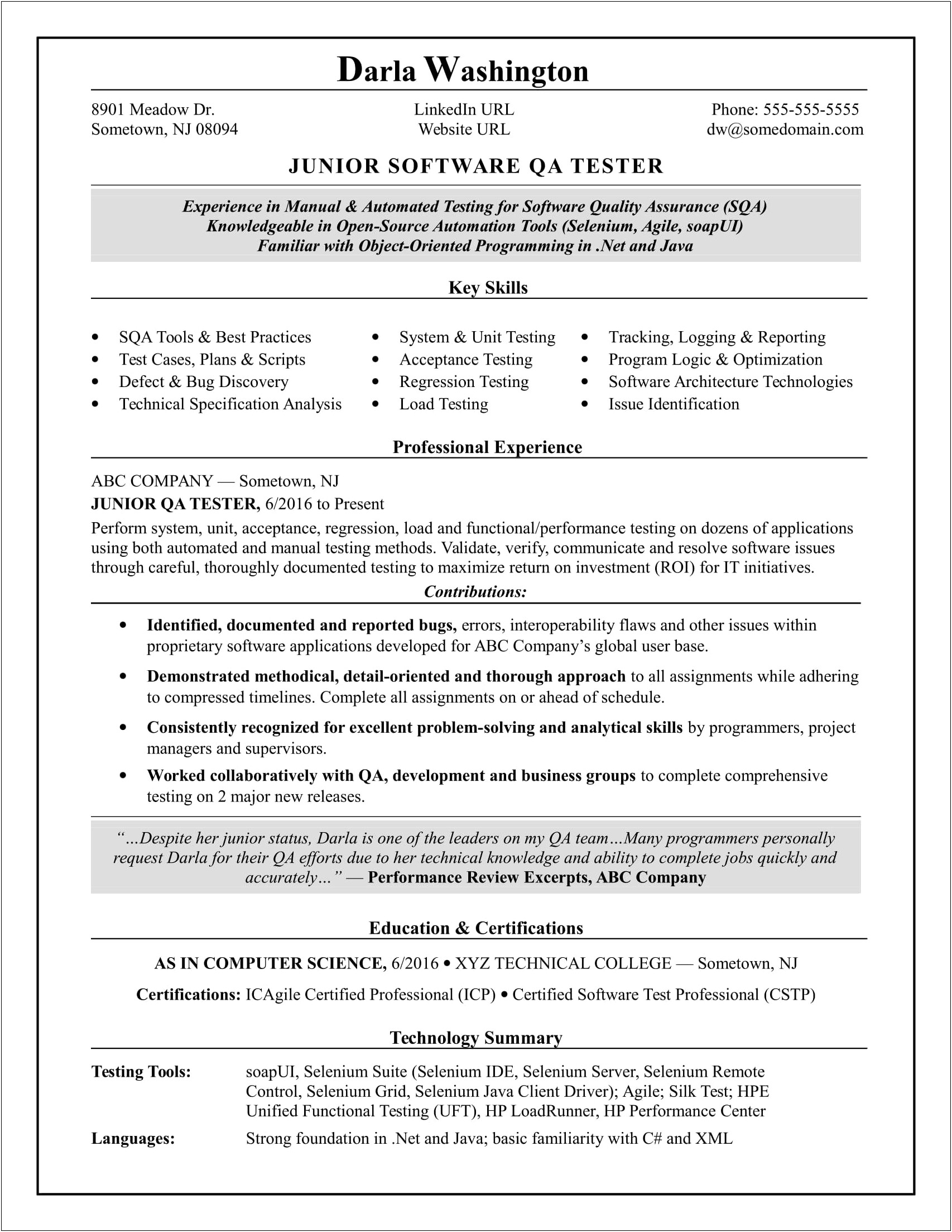 Manual Testing One Year Experience Resume