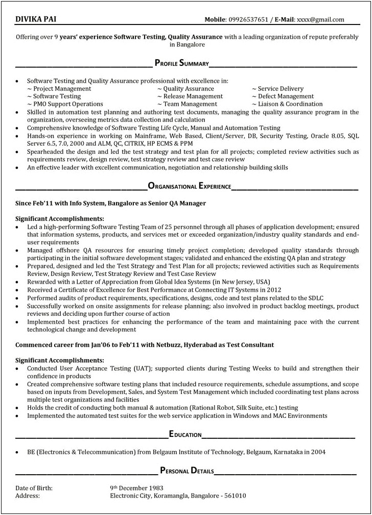 Manual Testing Resume For 5 Years Experience Sample