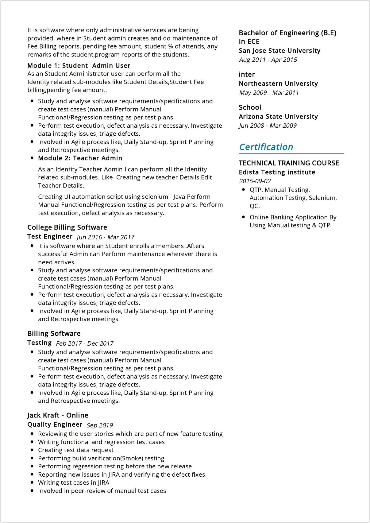 Manual Testing Resume For 6 Months Experience