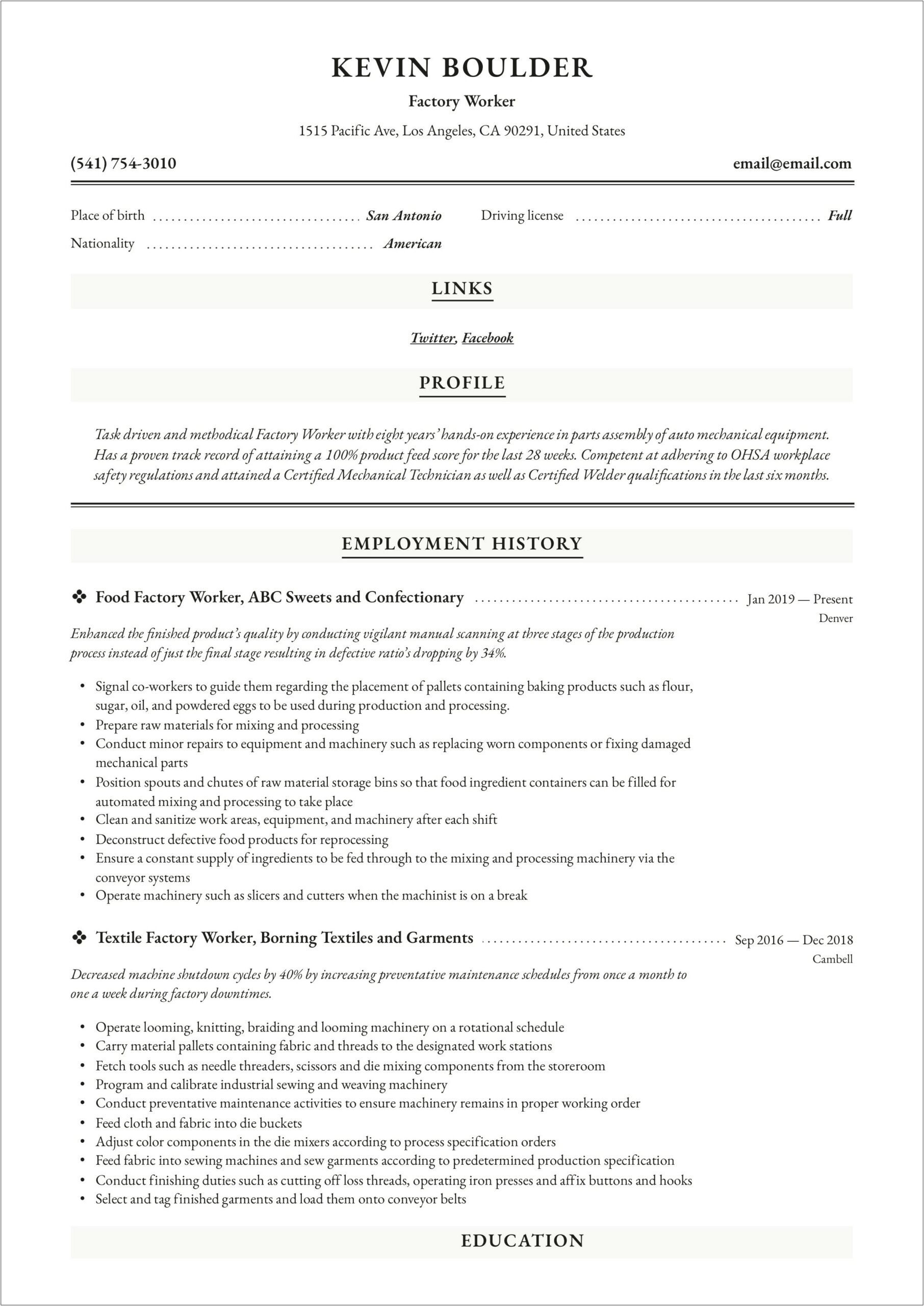 Manufacture Job Without Experince Resume