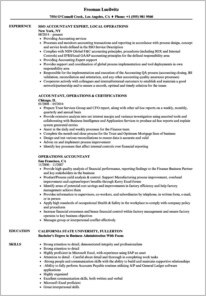 Manufacturing Cost Accountant Resume Sample