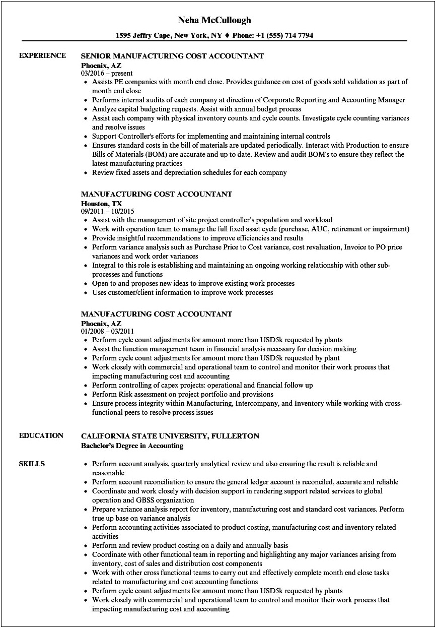 Manufacturing Cost Accounting Resume Sample