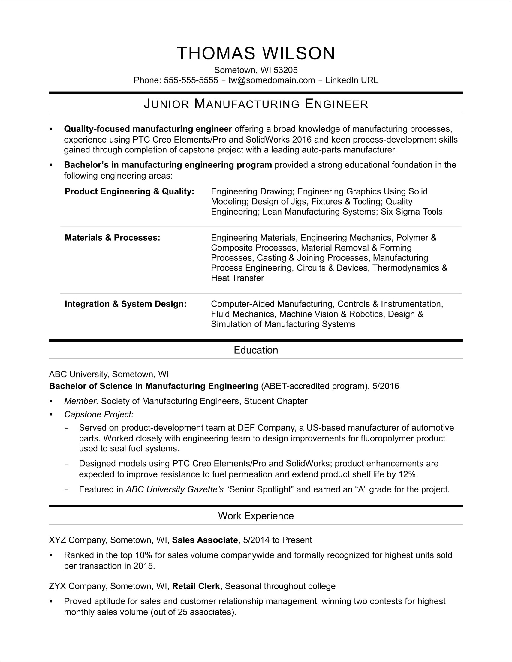 Manufacturing Design Engineer Sample Resume