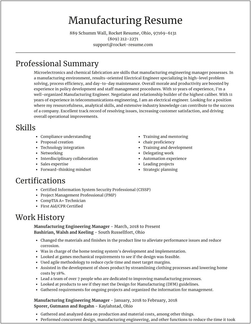 Manufacturing Engineering Manager Resume Samples