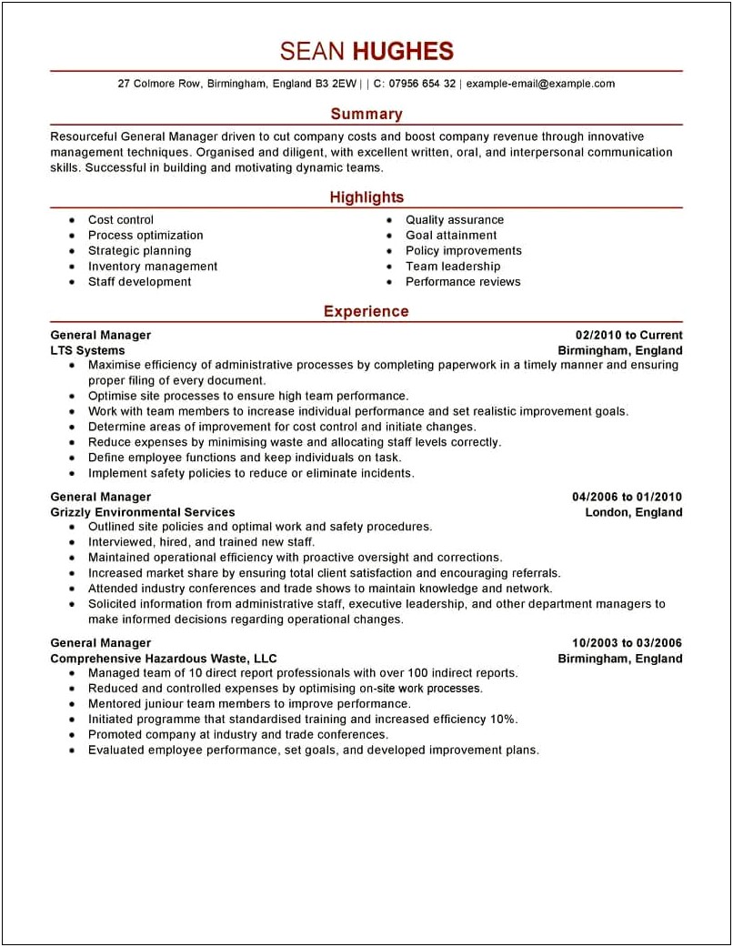 Manufacturing General Manager Resume Examples