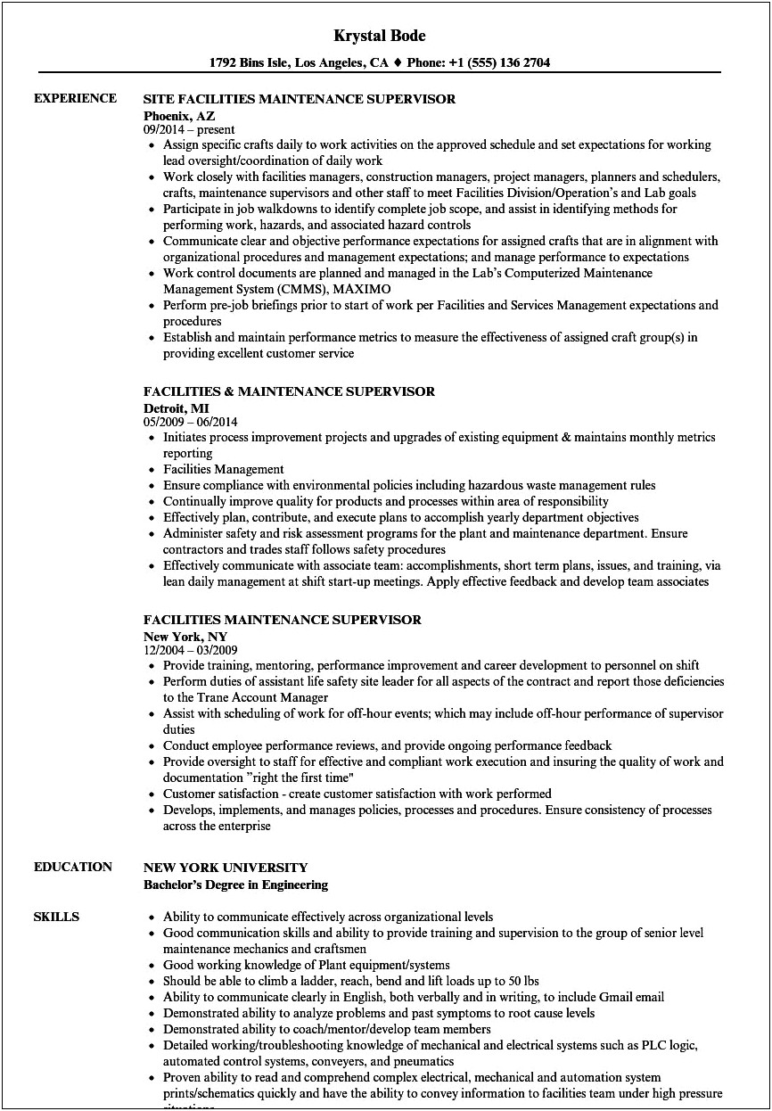 Manufacturing Maintenance Manager Resume Example