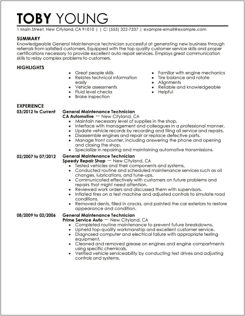 Manufacturing Maintenance Technician Job Description For Resume