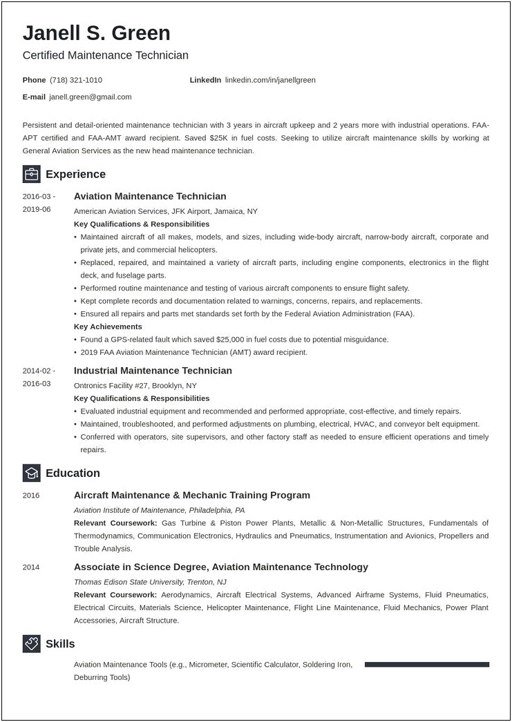 Manufacturing Maintenance Technician Resume Job Description