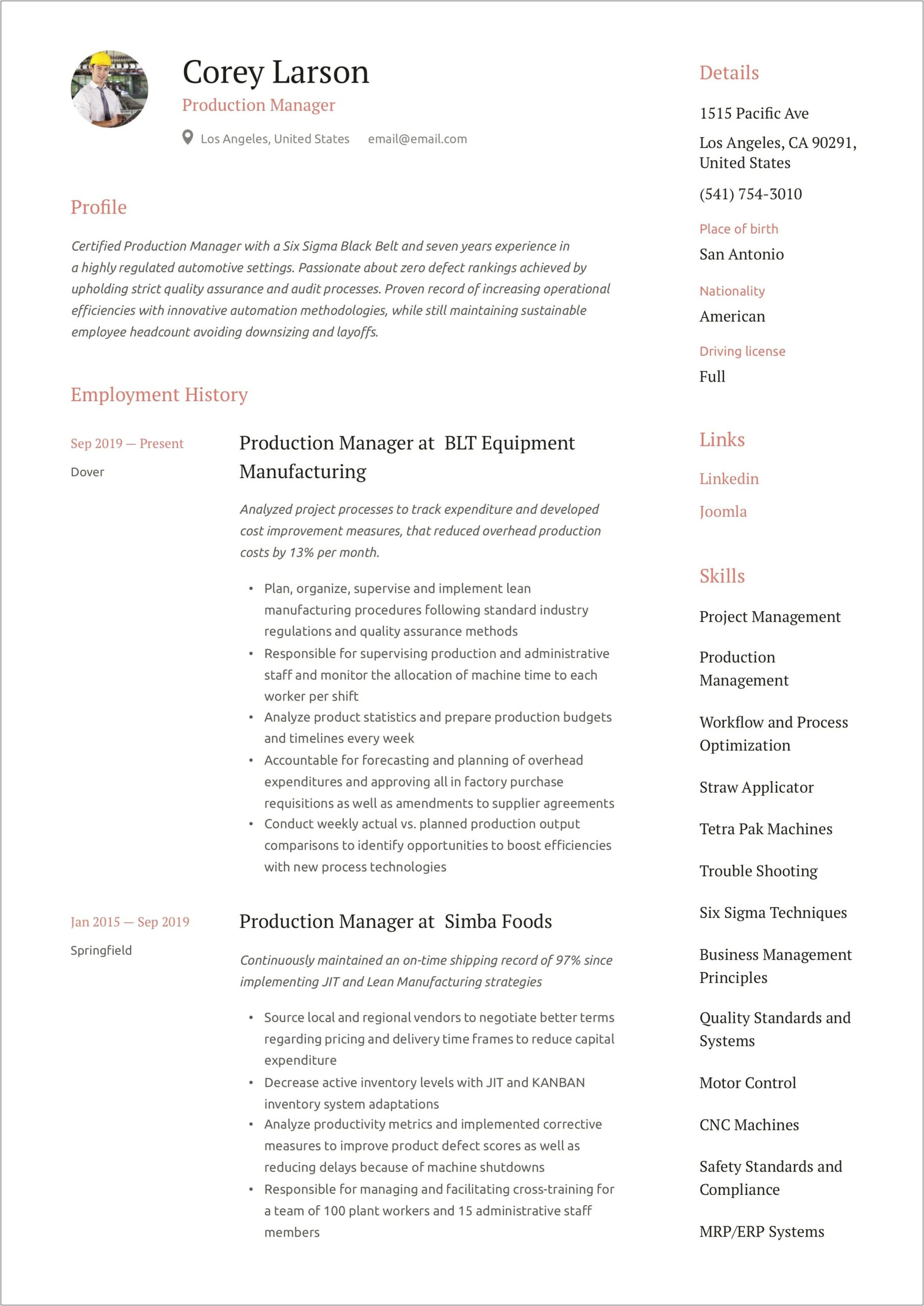 Manufacturing Manager Resume Example Pdf