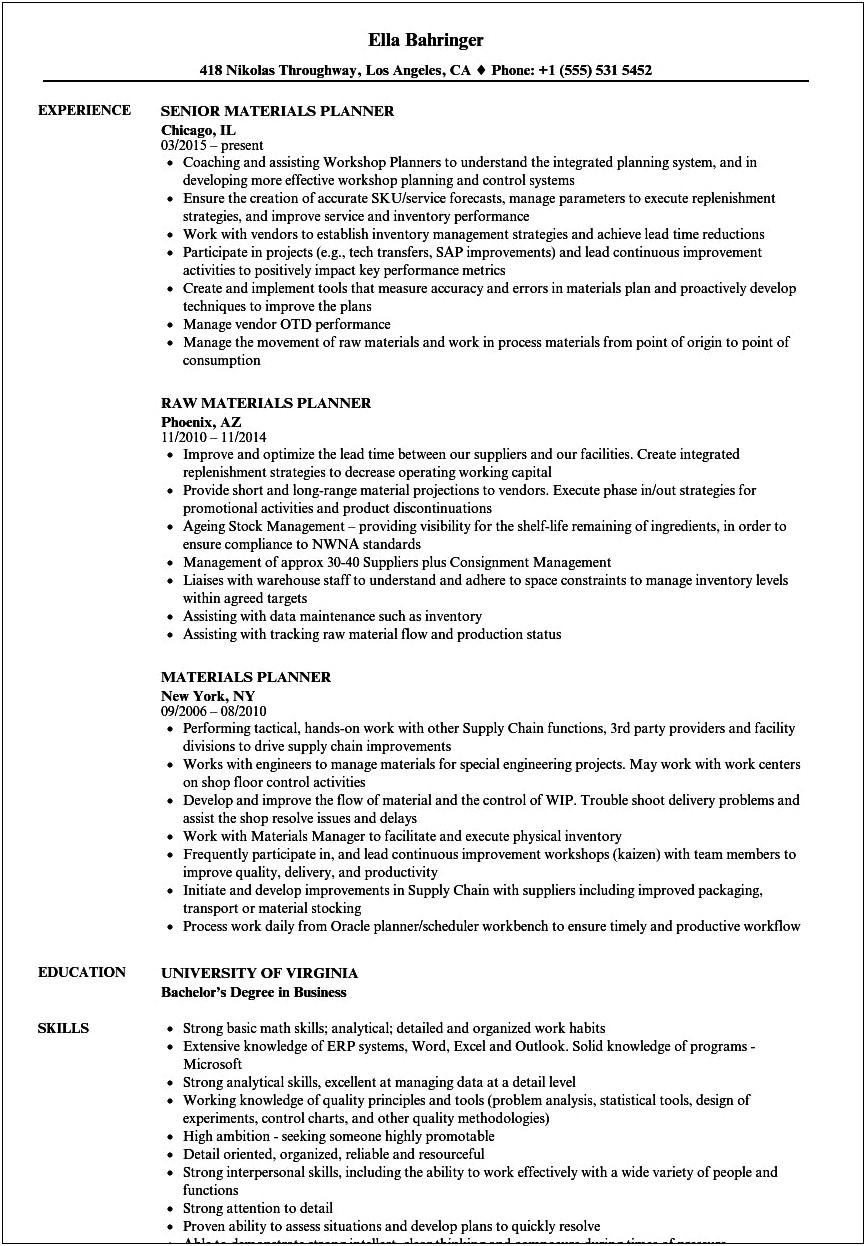 Manufacturing Planner Job Description Resume