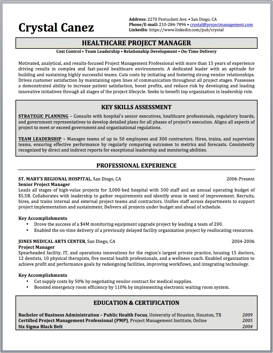 Manufacturing Project Manager Resume Sample