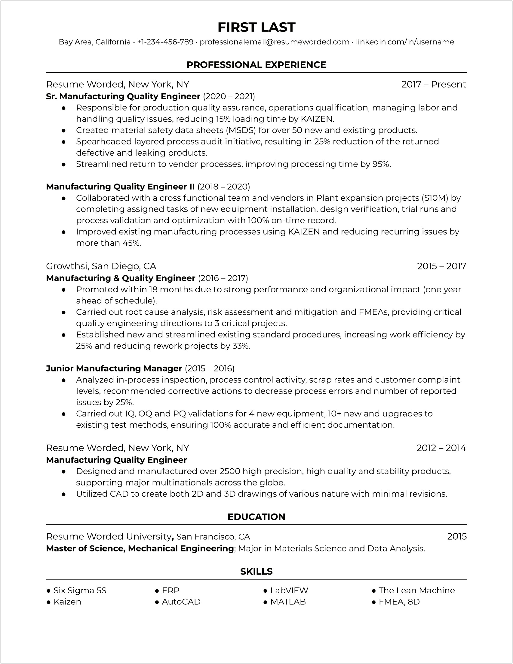 Manufacturing Quality Assurance Engineer Resume Samples
