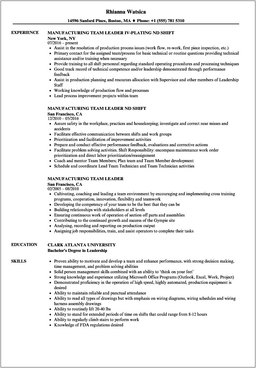Manufacturing Team Leader Resume Examples