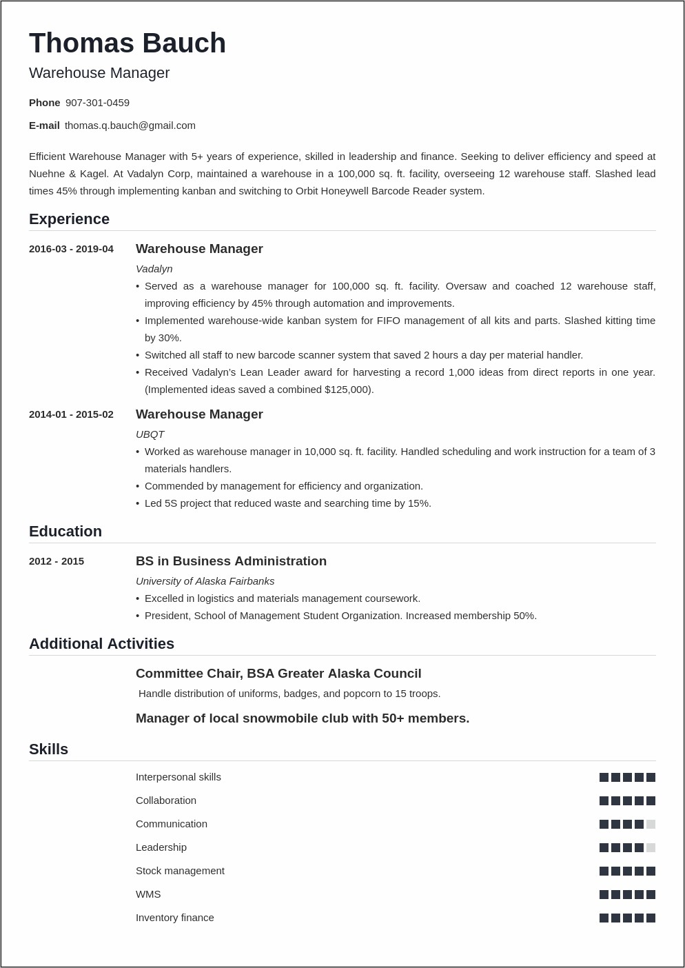 Manufacturing Warehouse Operations Manager Resume
