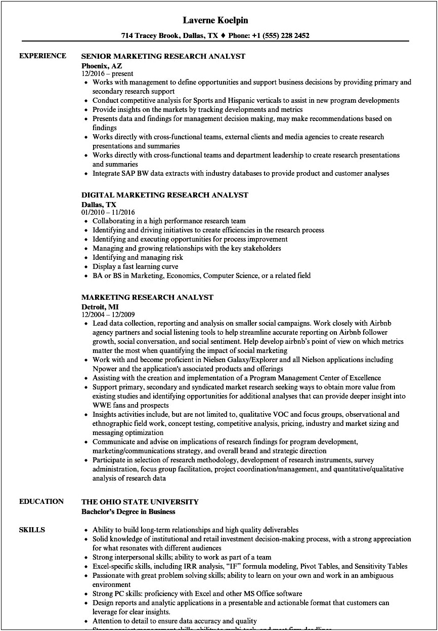 Market Research Analyst Resume Sample