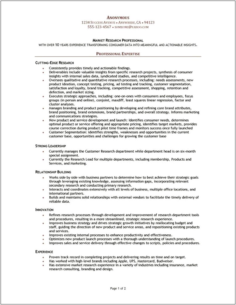 Market Research Manager Resume Summary