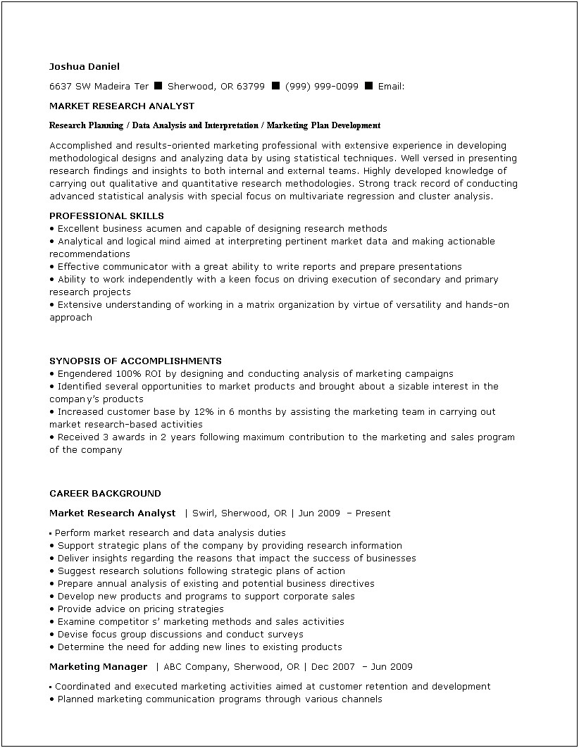 Market Research Resume Objective Examples