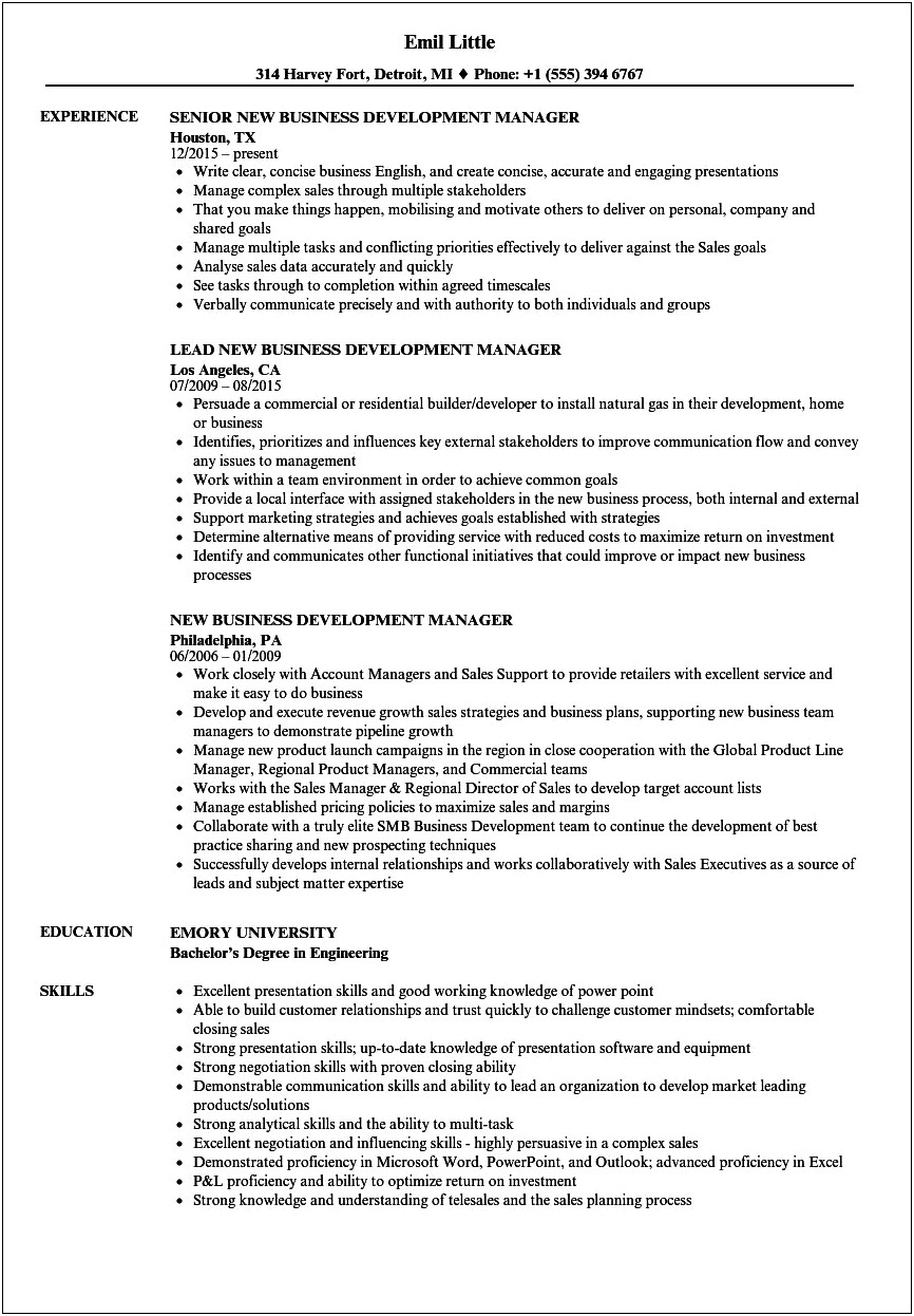 Marketing And Business Development Manager Resume
