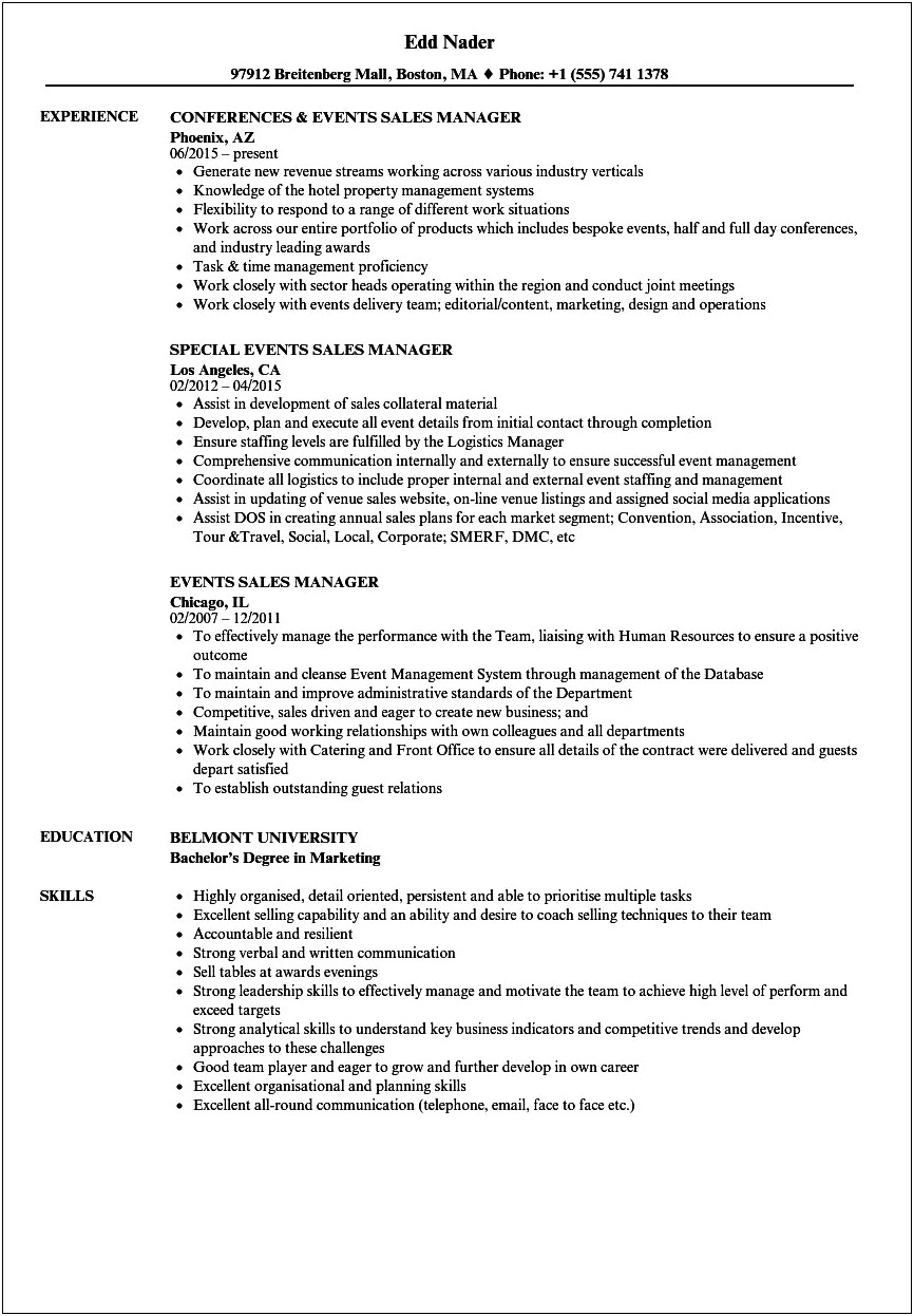 Marketing And Event Management Resume