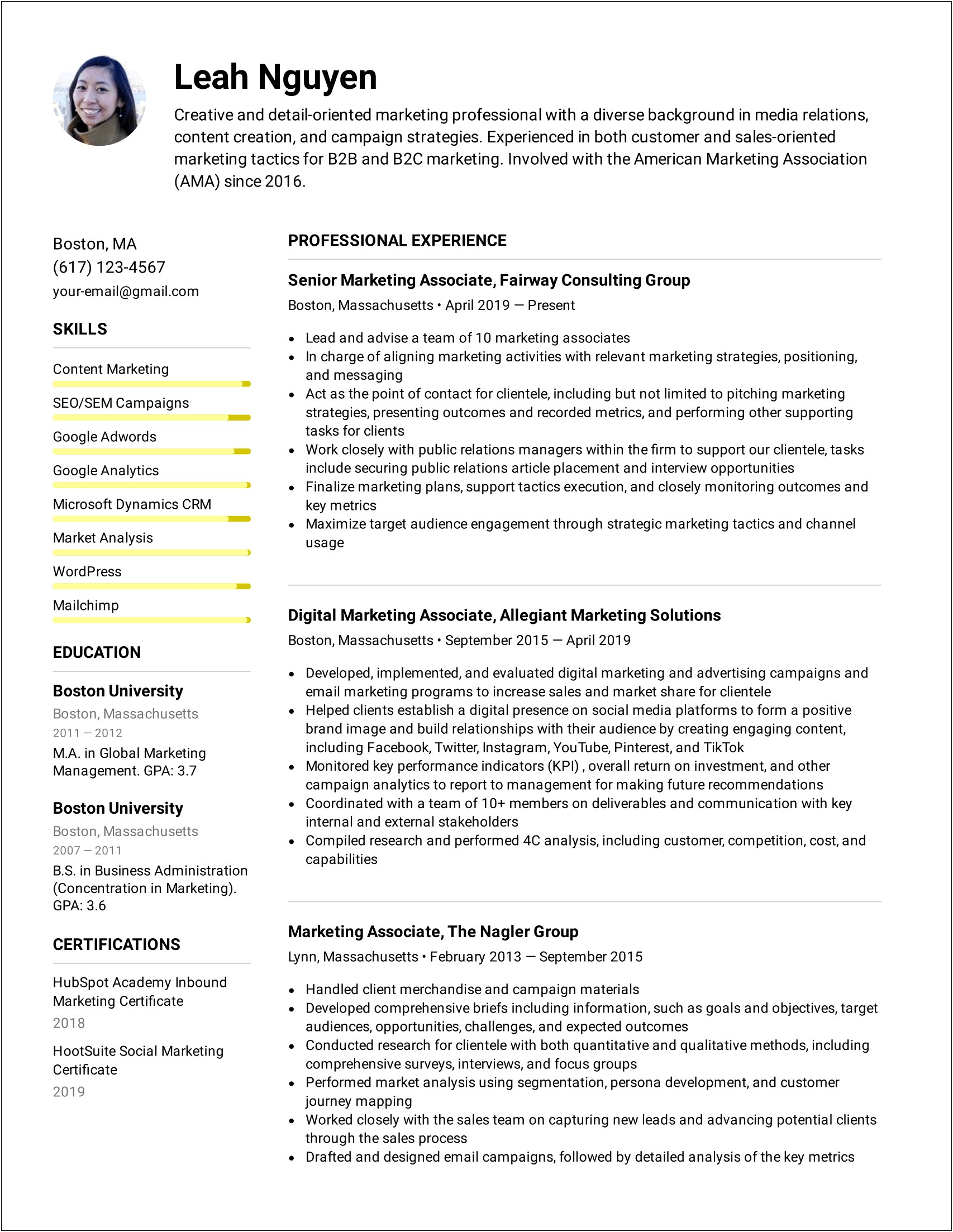 Marketing Associate Job Description Resume