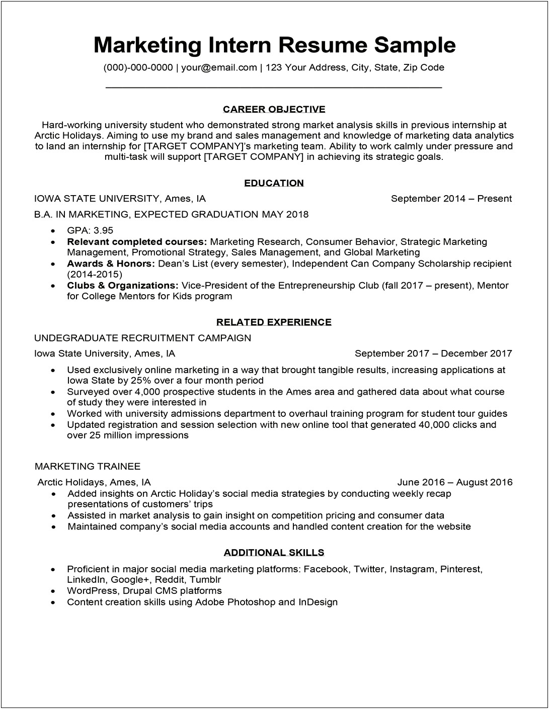 Marketing Coordinator Intern Sample Resume