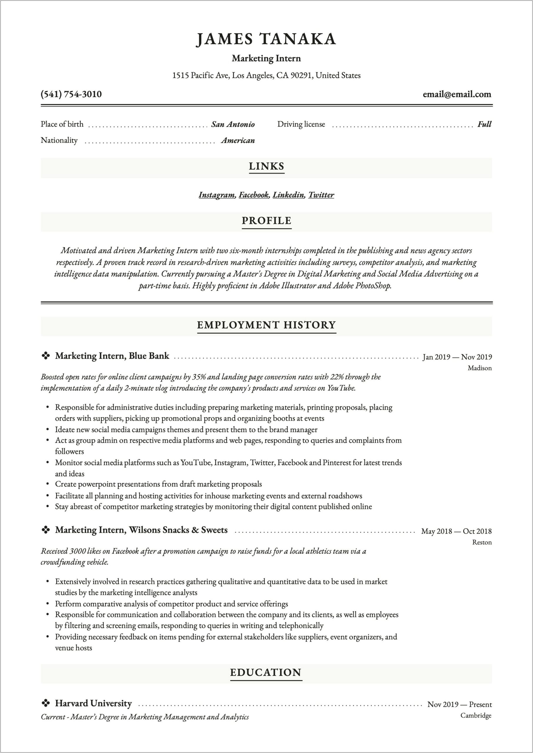 Marketing Intern Job Description Resume