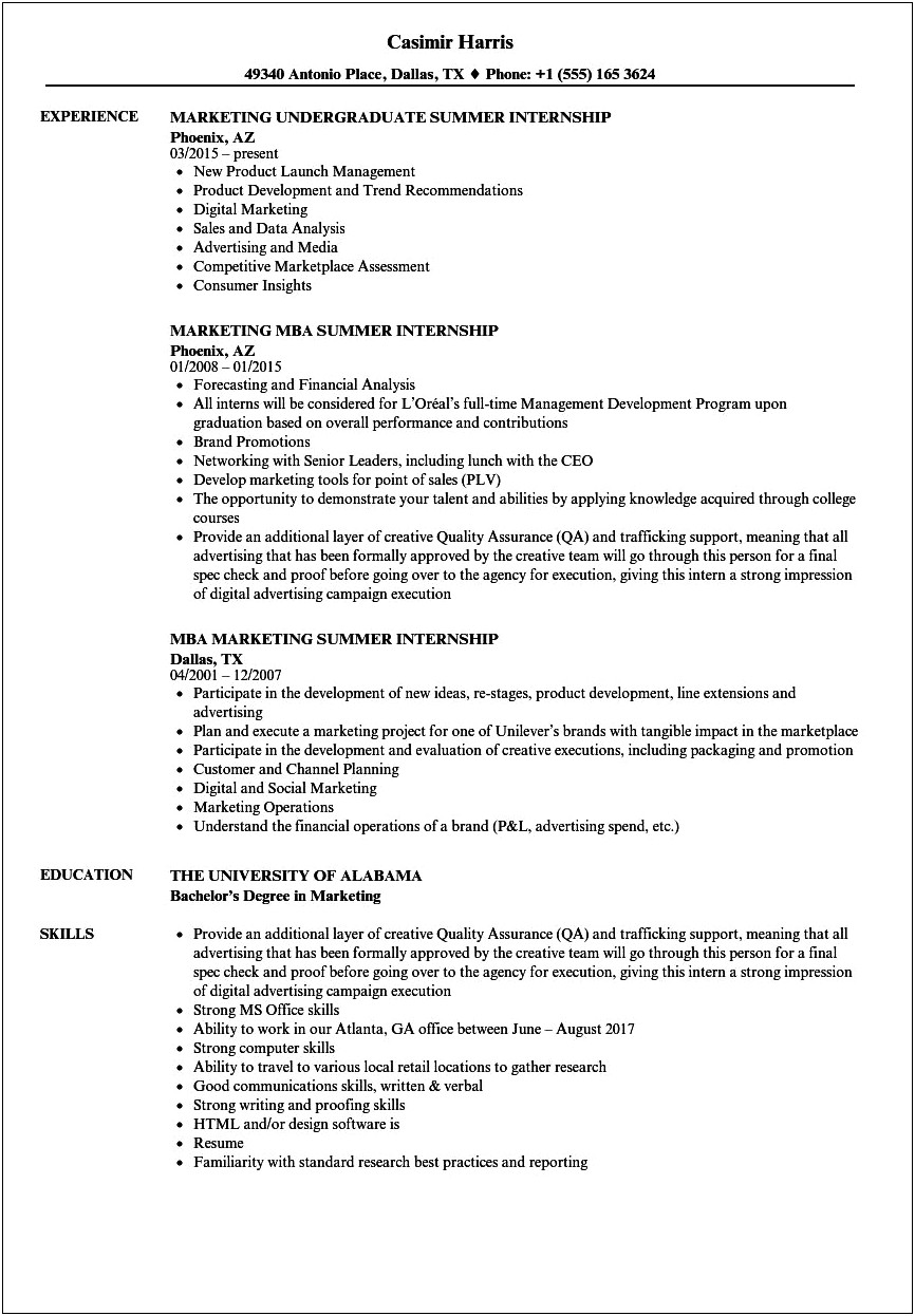 Marketing Intern Resume Profile Examples