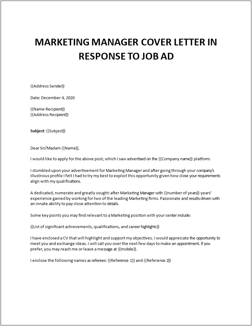 Marketing Manager Cover Letter And Resume