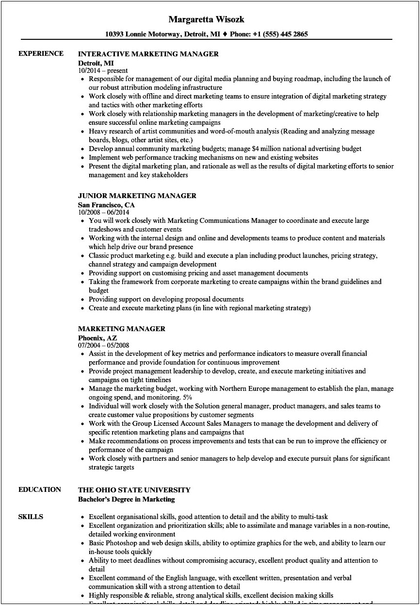 Marketing Manager Job Responsibilities Resume