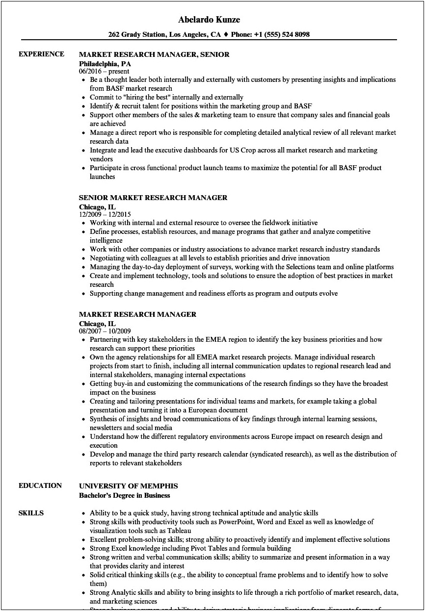 Marketing Research Project Manager Resume