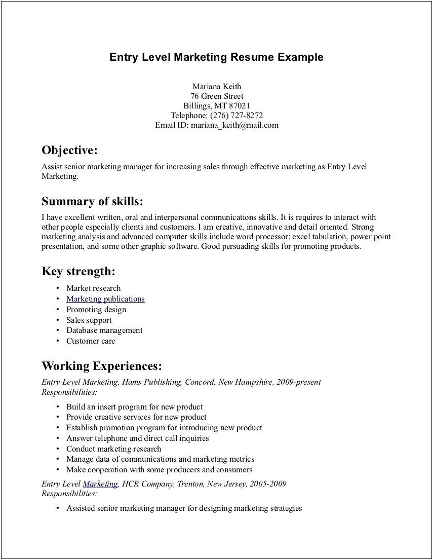 Marketing Resume Objective Examples Entry Level