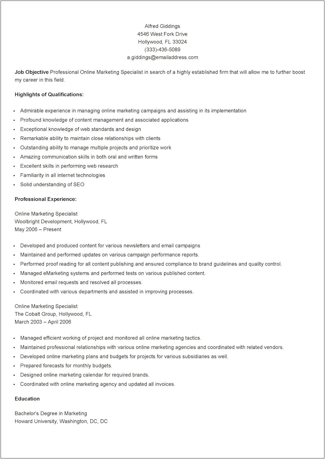 Marketing Specialist Job Description For Resume