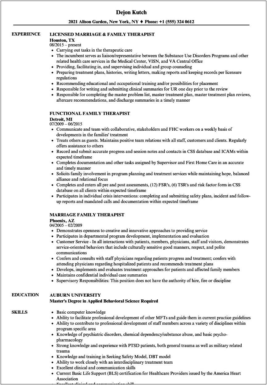 Marriage And Family Therapist Resume Template