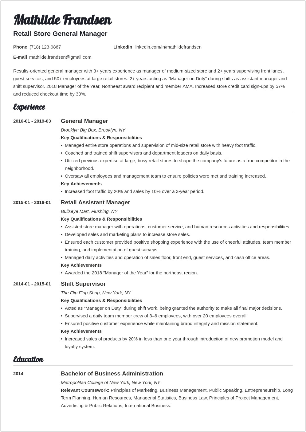 Marriott General Manager Sample Resume