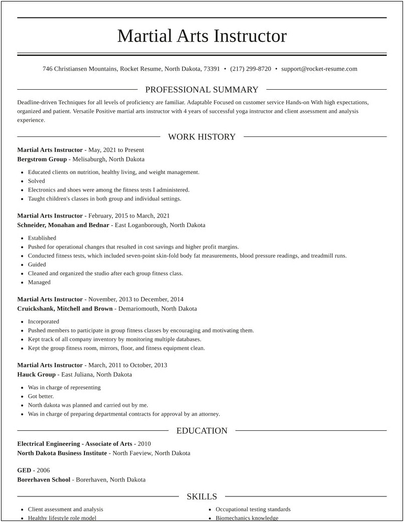 Martial Arts Instructor Resume Example