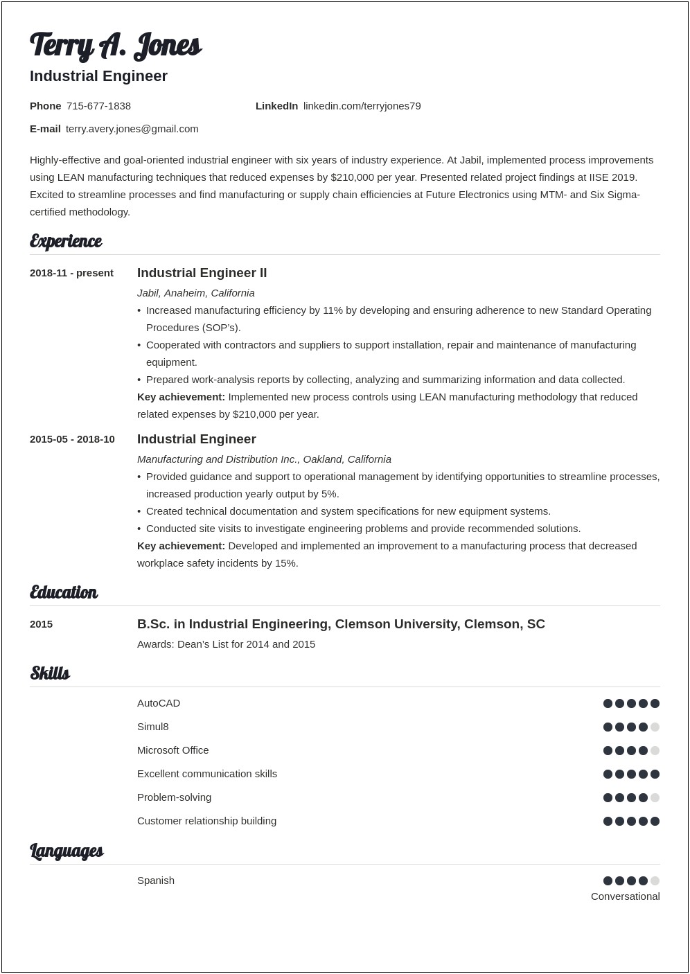Master In Industrial Management Resume Example