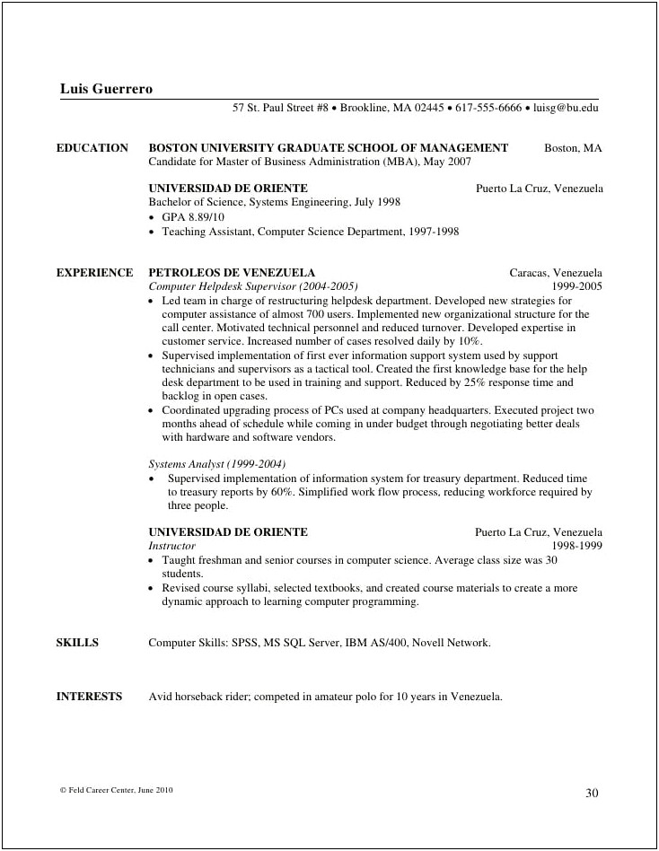 Master Of Business Administration Business Resume Example