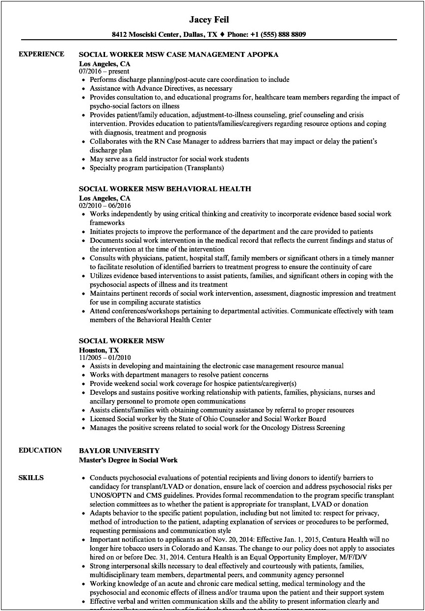 Master Of Social Work Resume Finished In May