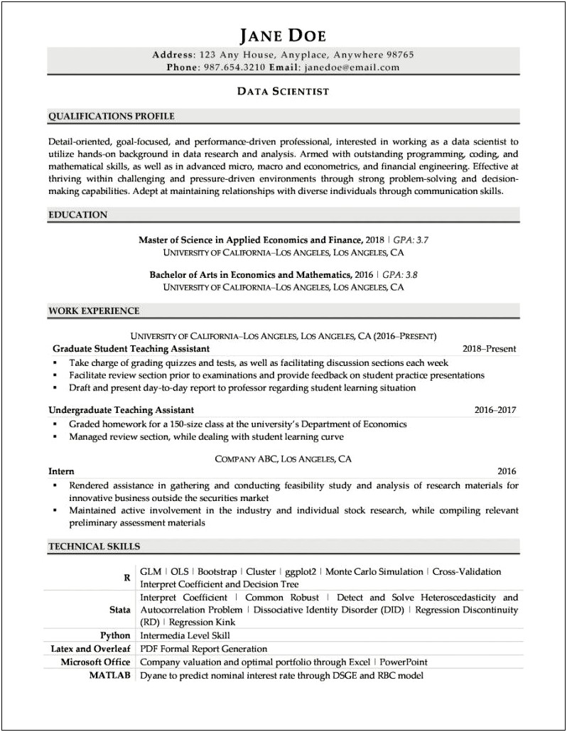 Masters Graduate Resume With No Work Experience