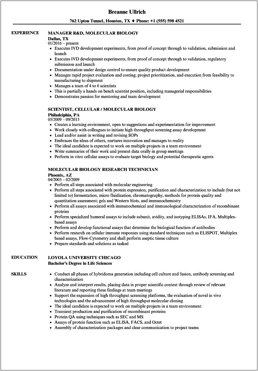 Masters Of Biology Resume Objective