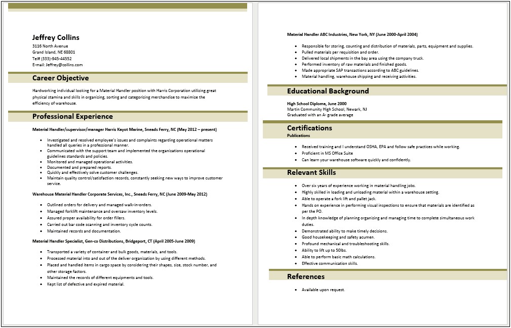Material Handler Objectives For Resume
