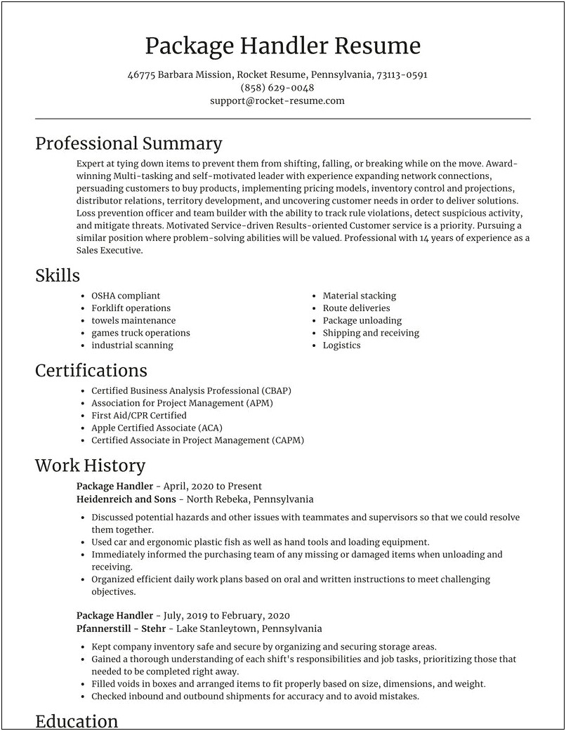 Material Handler Resume Job Description