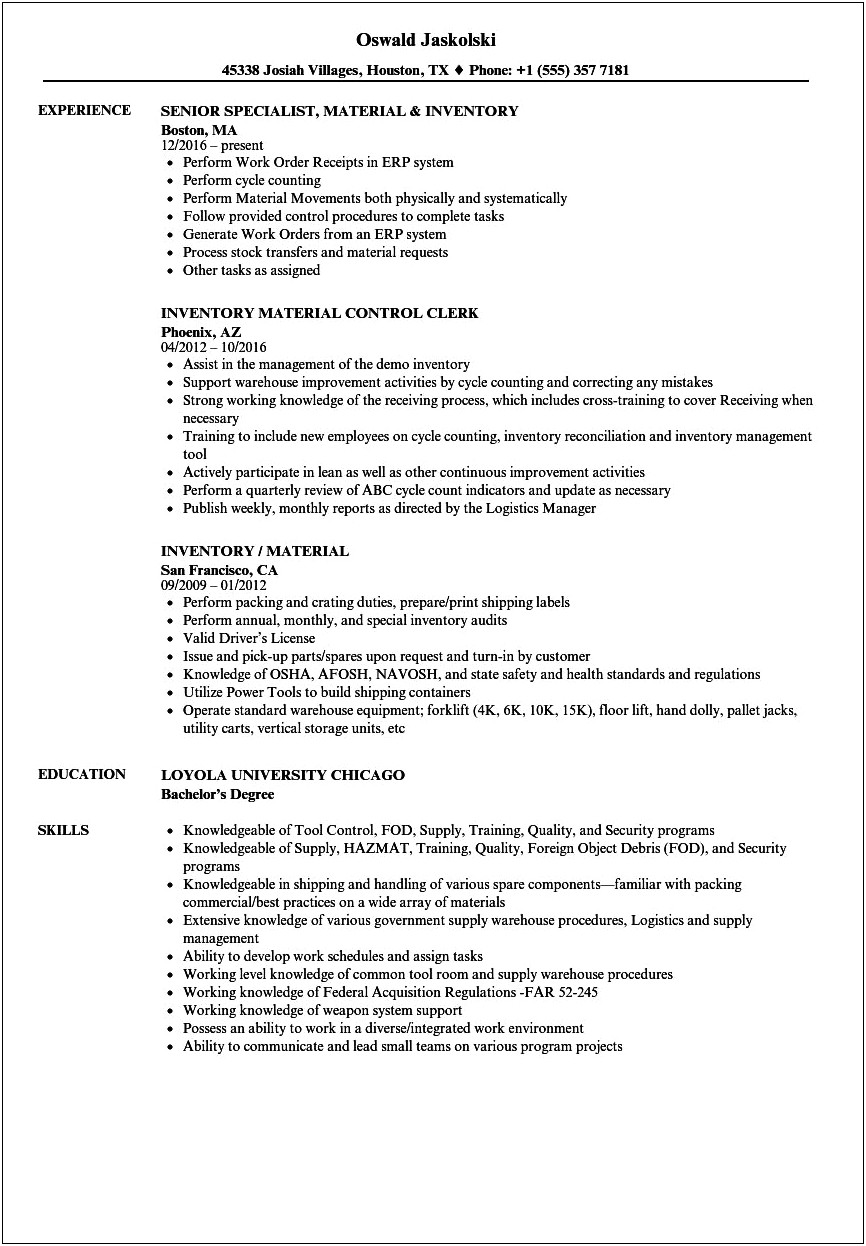 Material Management Summary On A Resume Sample