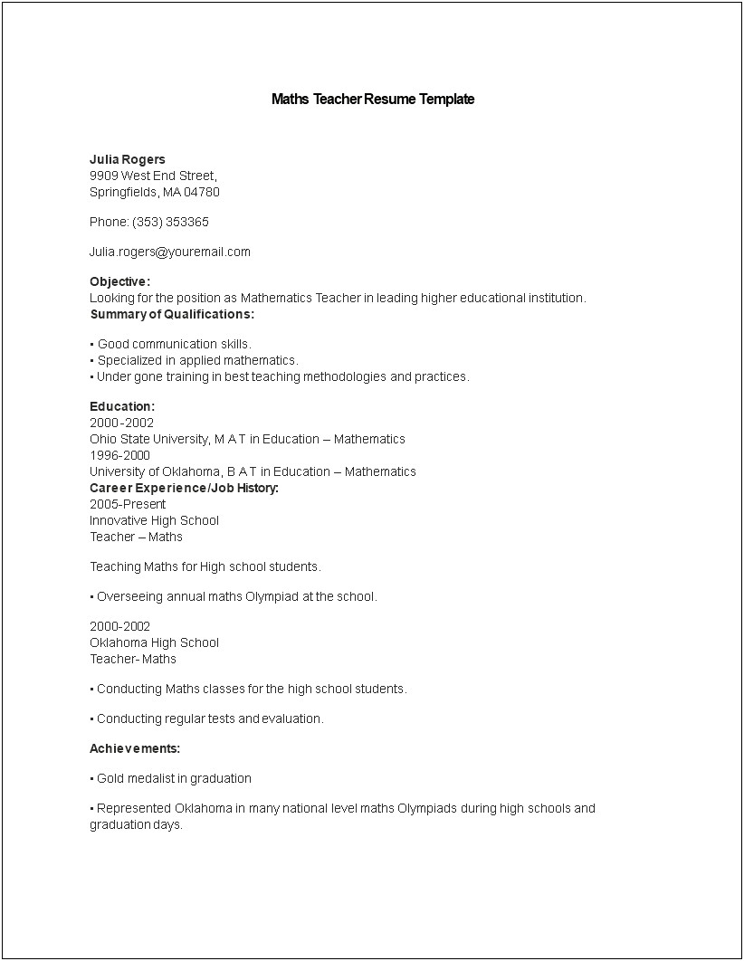 Math Teacher Job Description For Resume