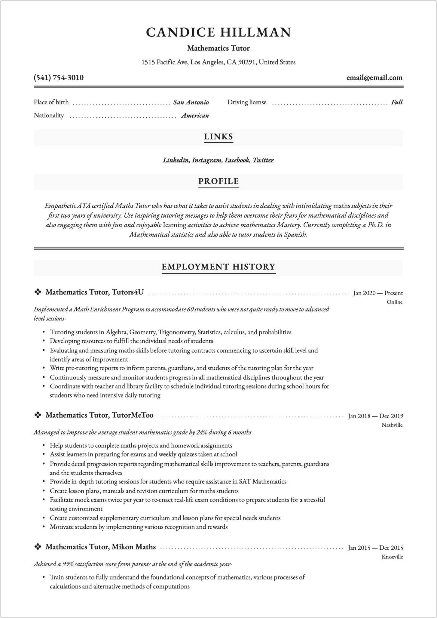 Math Tutor Sample Resume Without Experience
