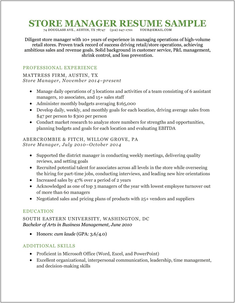 Mattres Firm Store Manager Resume