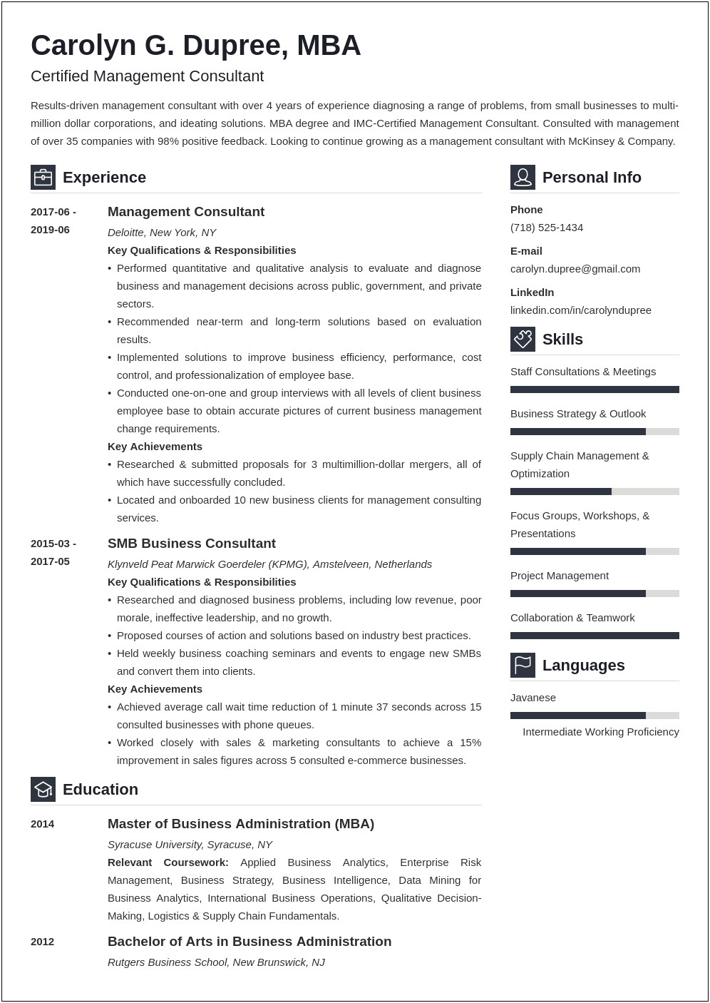Mba Consultant Sample Resume Start Up Company