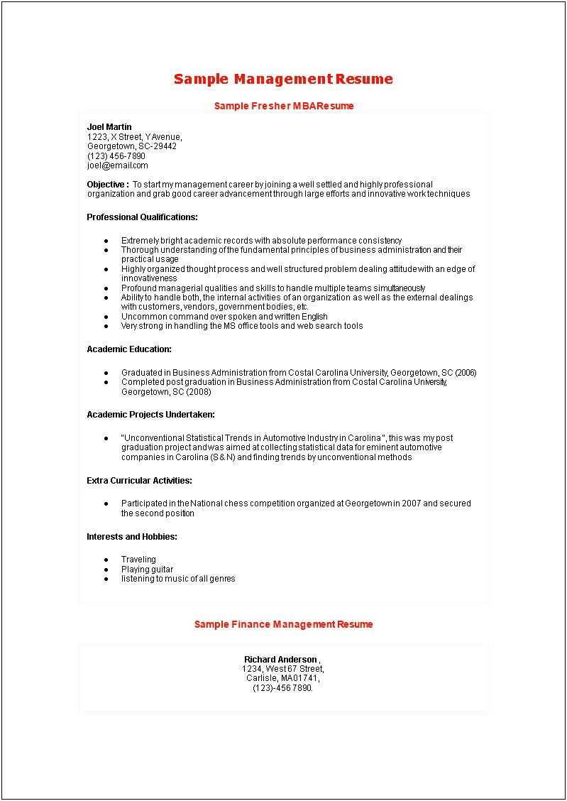 Mba Finance 1 Year Experience Resume