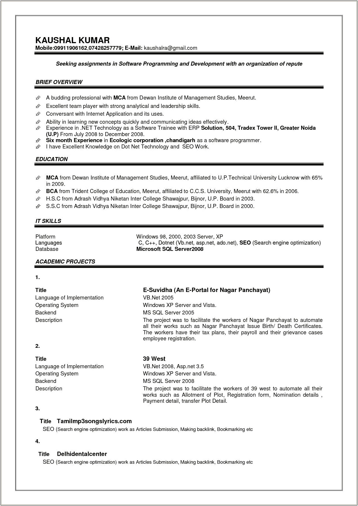 Mca Fresher Resume Format In Word